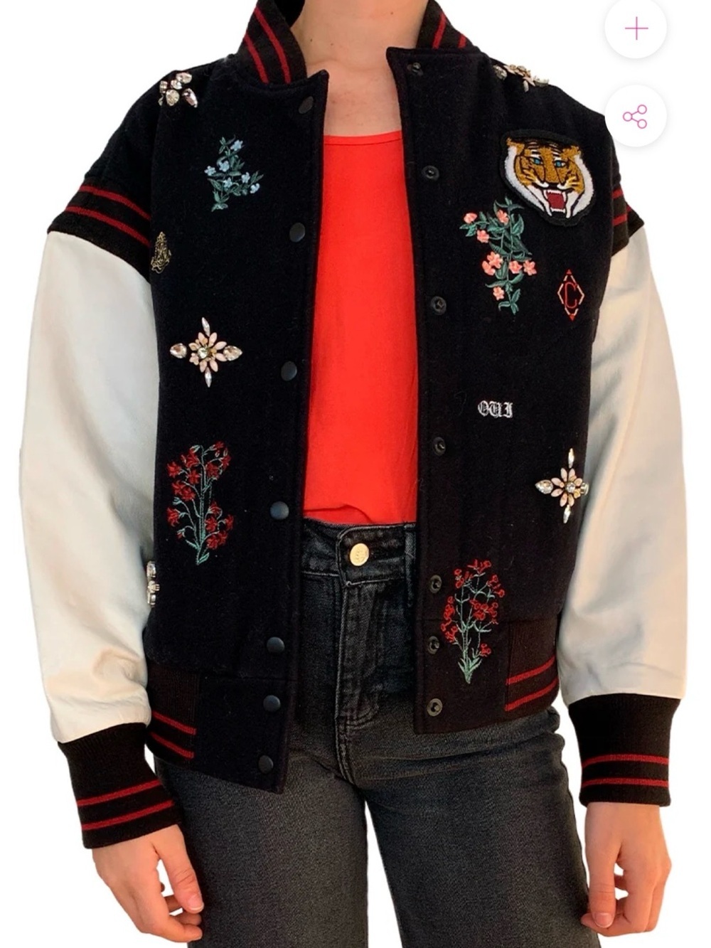 Joie Black & White Embroidered Varsity Bomber Jacket with Red Trim